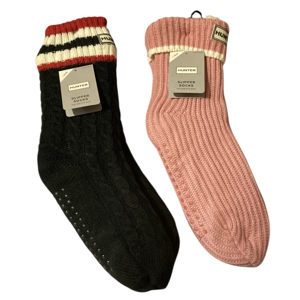 Hunter 2 Pairs Black And Pink Fleece Lined Cozy Slipper Socks New